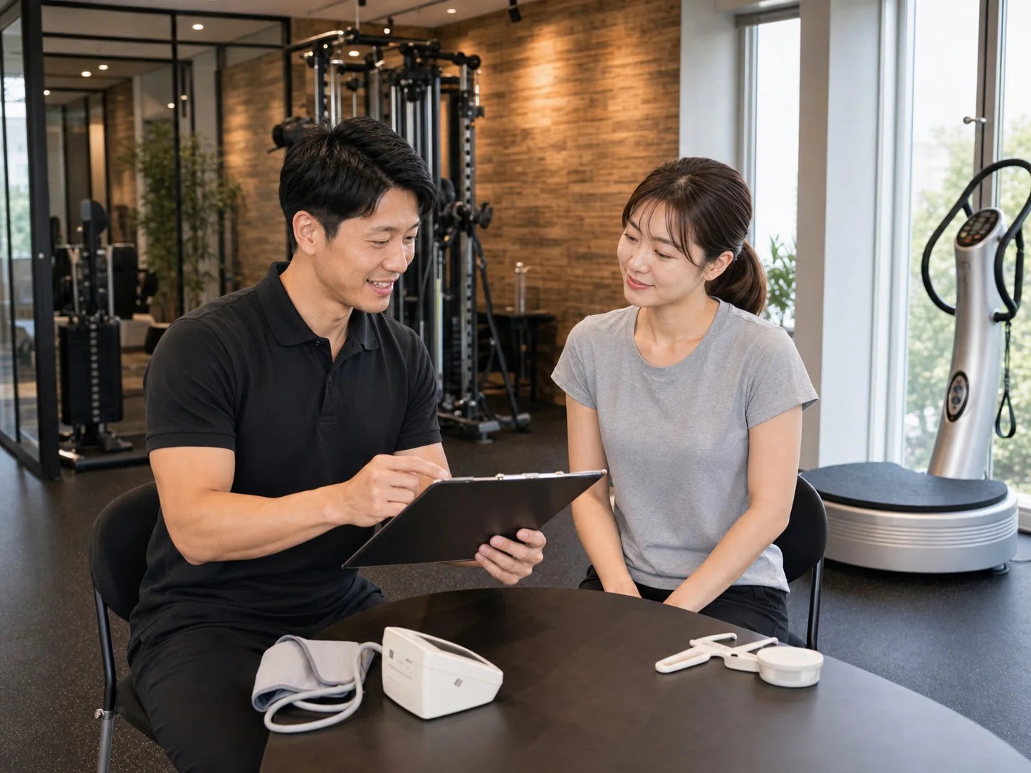 測定結果を確認しながら健康状態を把握する様子