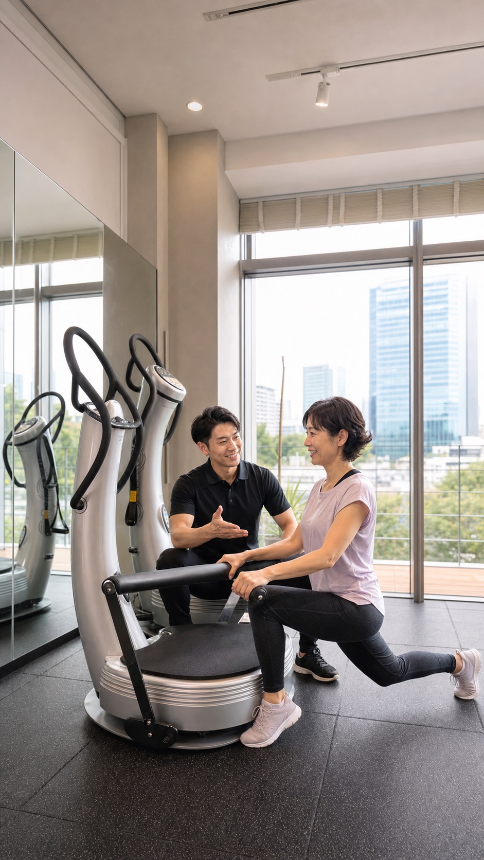 FRACTAL MEDICAL FITNESSの明るい施設内で、専門スタッフが健康相談と低負荷運動をサポートする様子