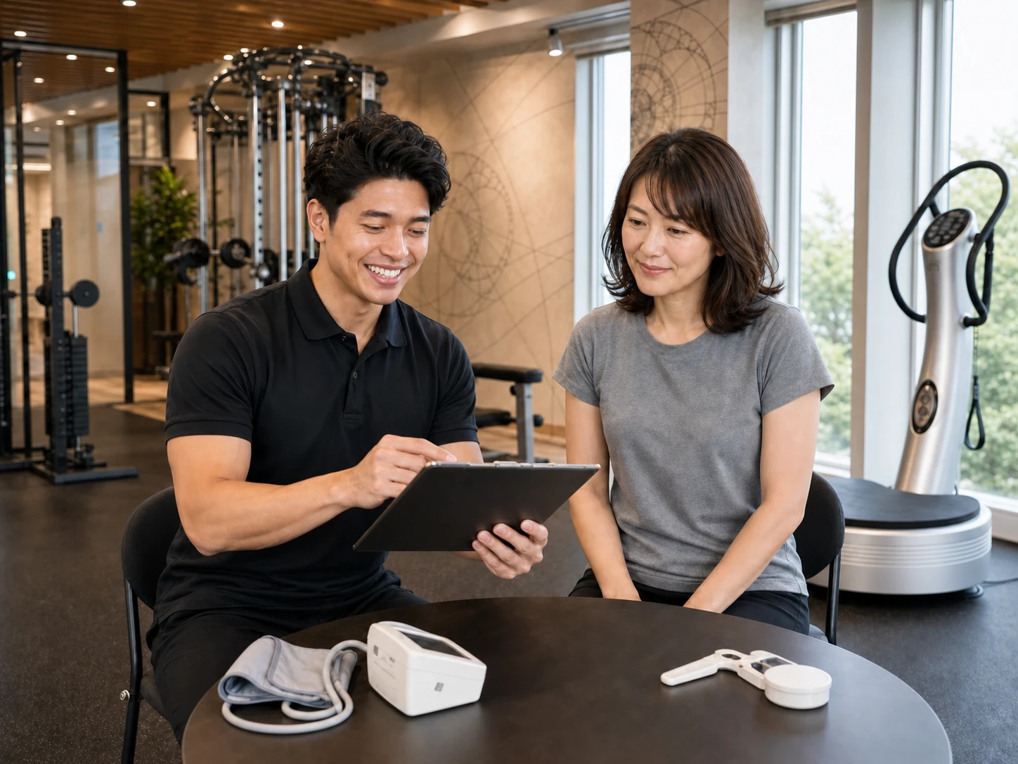 測定結果を確認しながら健康状態を把握する様子