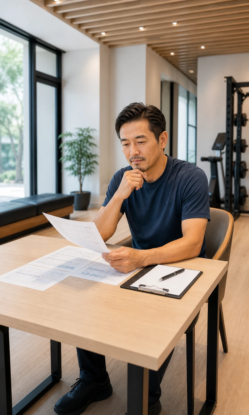 健診結果を確認しながら健康数値を気にする男性
