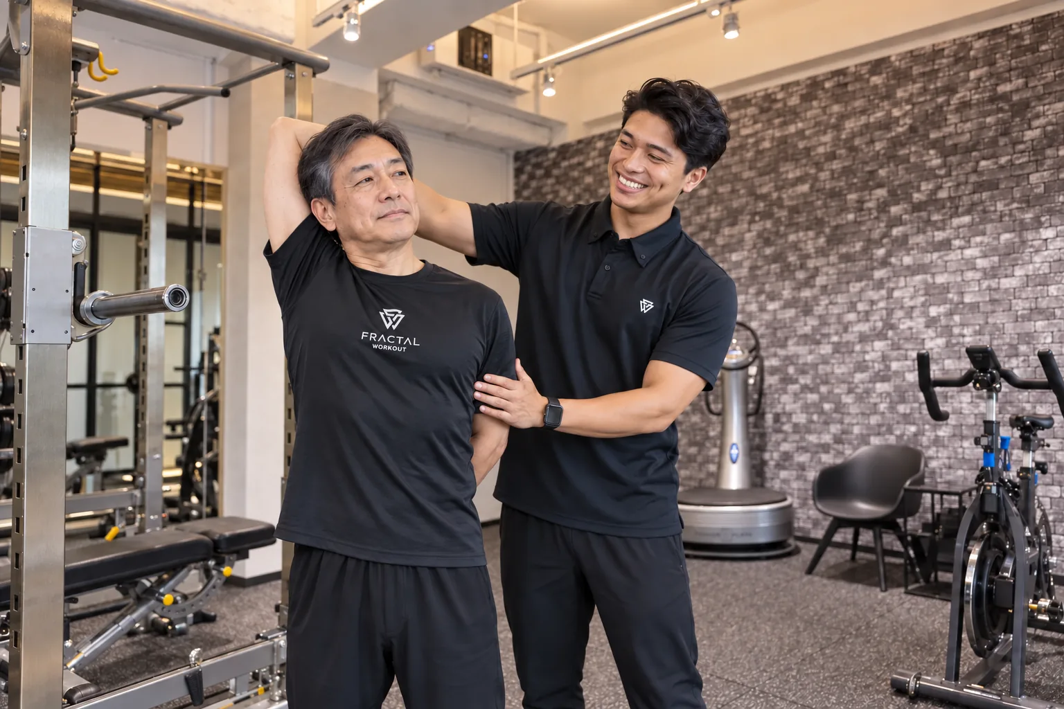 FRACTAL WORKOUTロゴTシャツを着て高瀬トレーナーと肩の動きを確認する50代男性