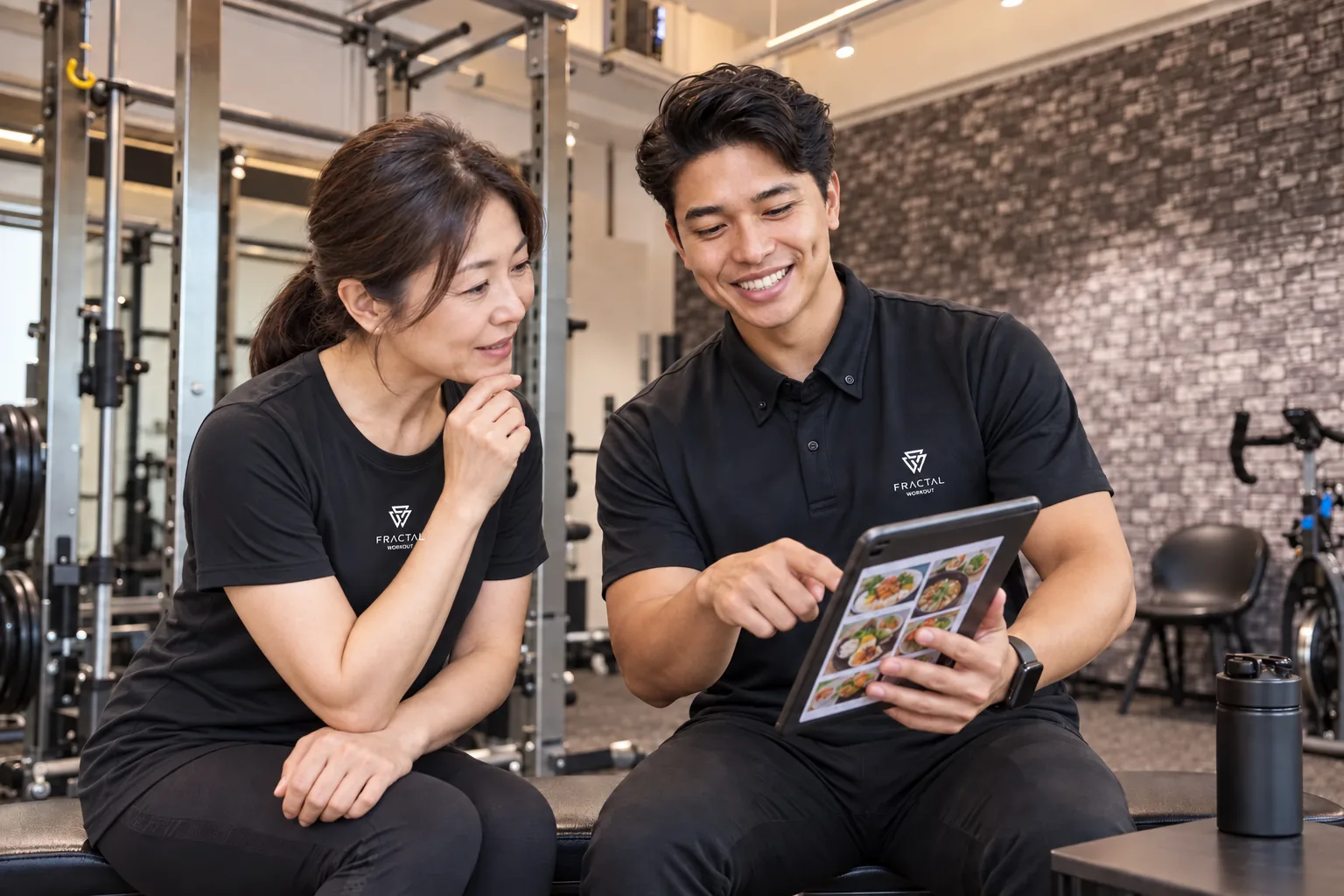 FRACTAL WORKOUTロゴTシャツを着て食事記録を高瀬トレーナーと確認する50代女性