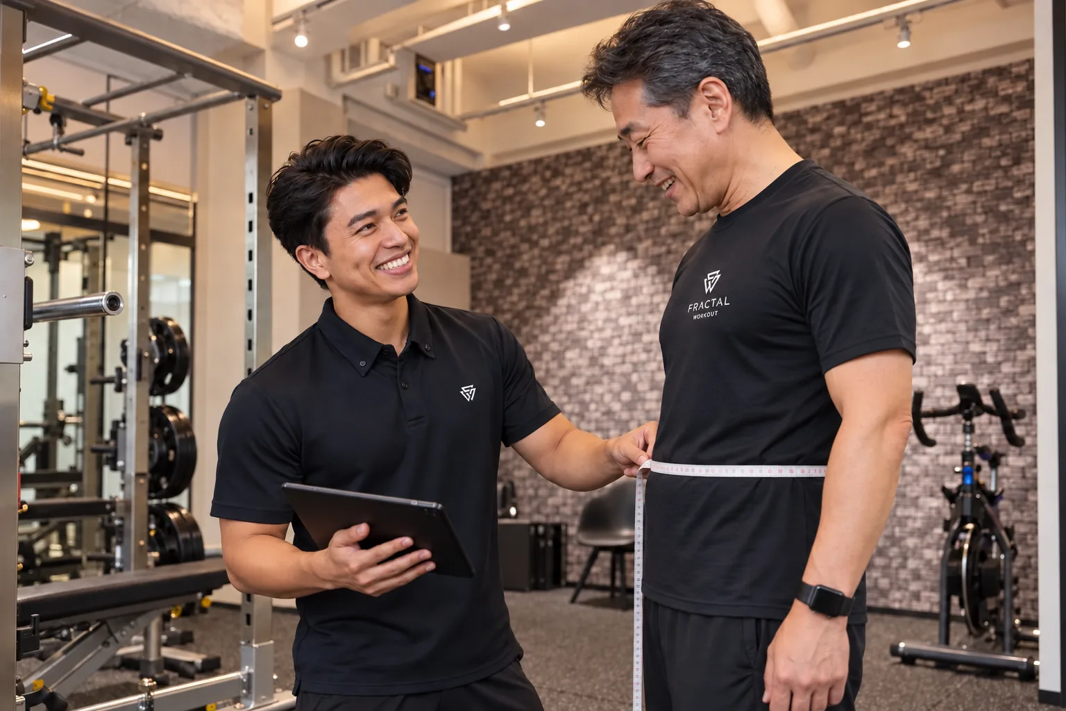 FRACTAL WORKOUTロゴTシャツを着て高瀬トレーナーと腹囲を確認する50代男性