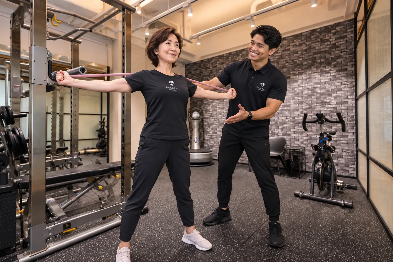 FRACTAL WORKOUTロゴTシャツを着て肩と胸郭の動きを整える50代女性