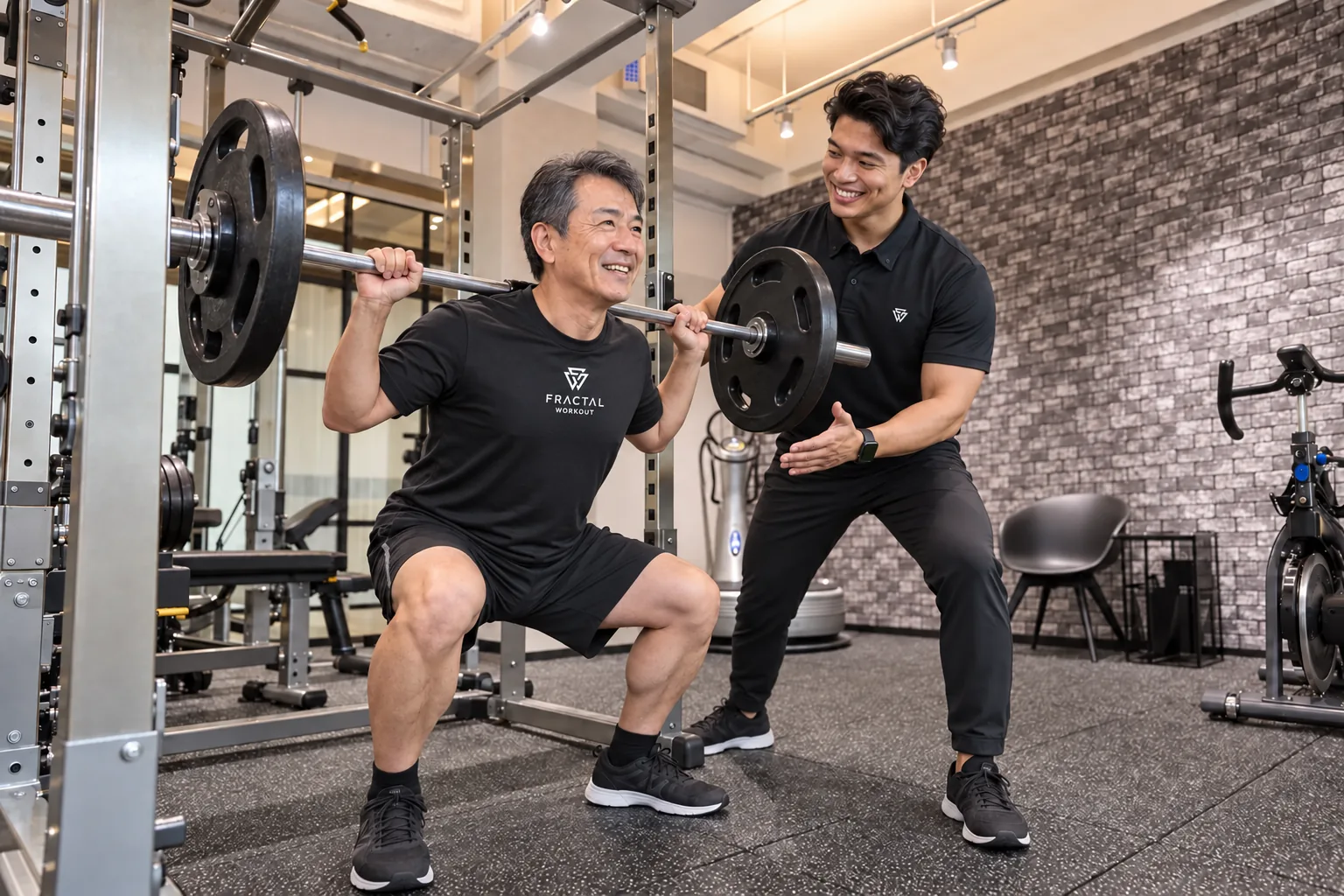 FRACTAL WORKOUTロゴTシャツを着て高瀬トレーナーの指導でスクワットを行う50代男性