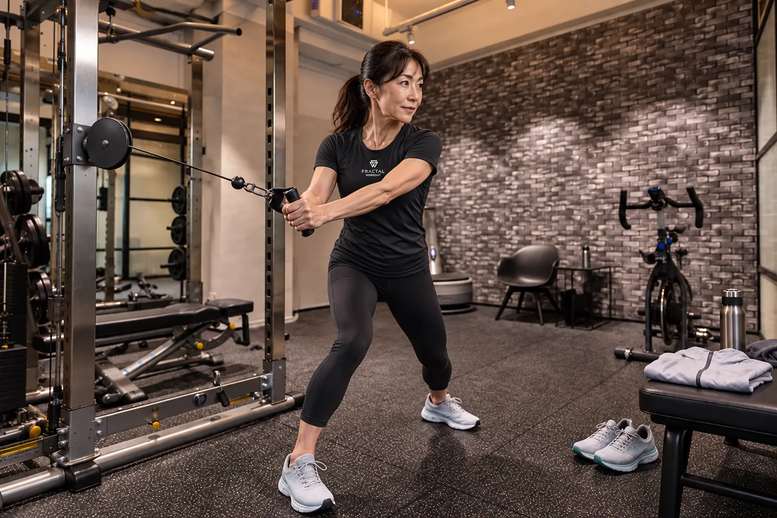 FRACTAL WORKOUTロゴTシャツを着てマラソンやボディメイクに備える50代女性